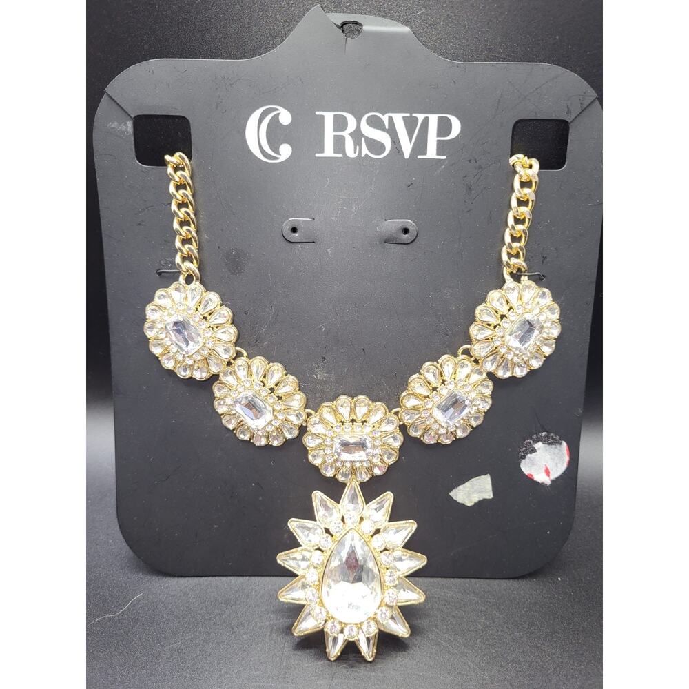 RSVP Charming Charlie Gold tone Rhinestone Floral Bridal Necklace.